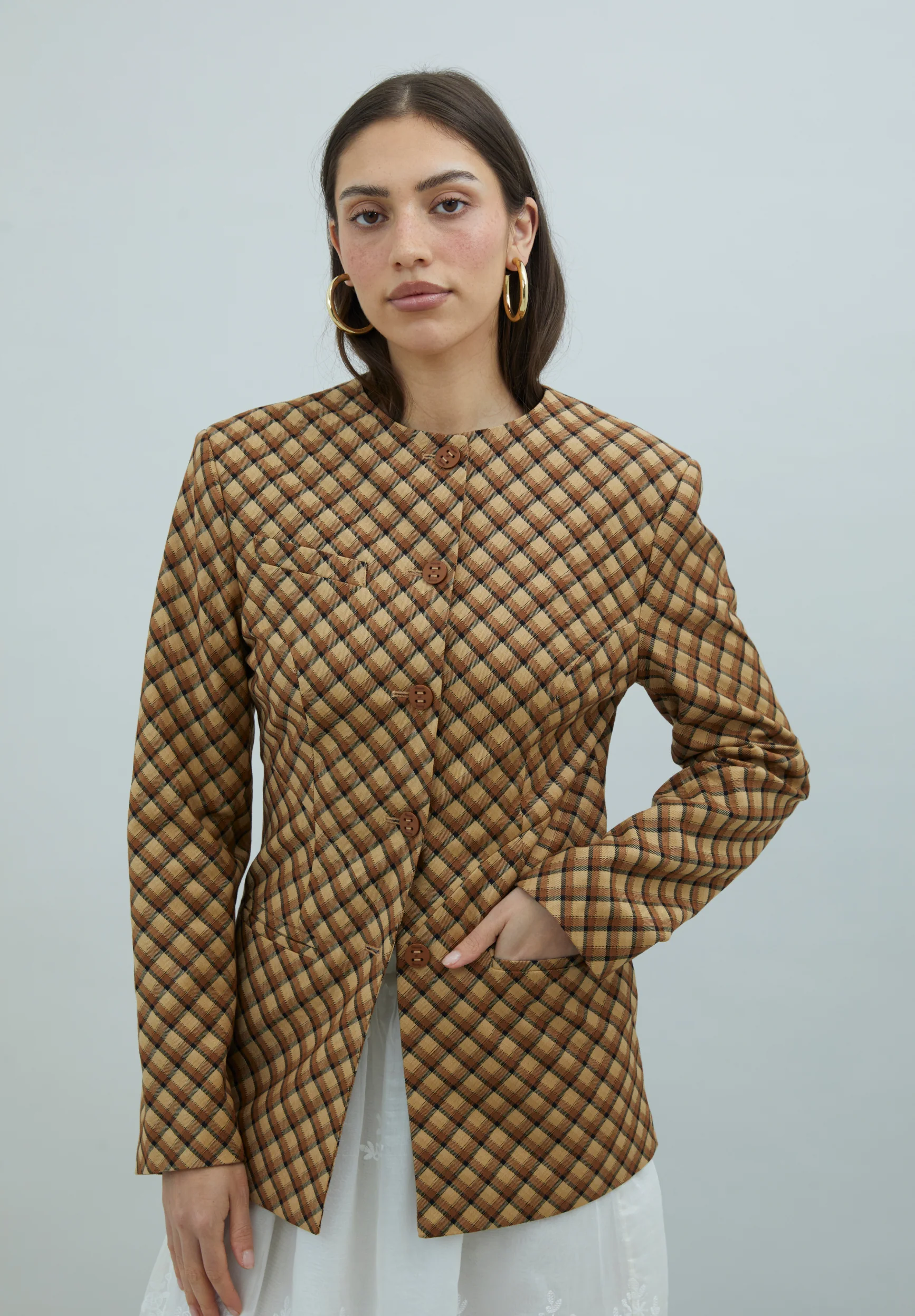 CHECK COLLARLESS BLAZER - Image 2
